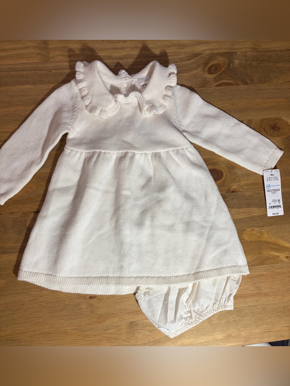 Carter's Cream Knit Ruffle Collar Dress with Matching Bloomer